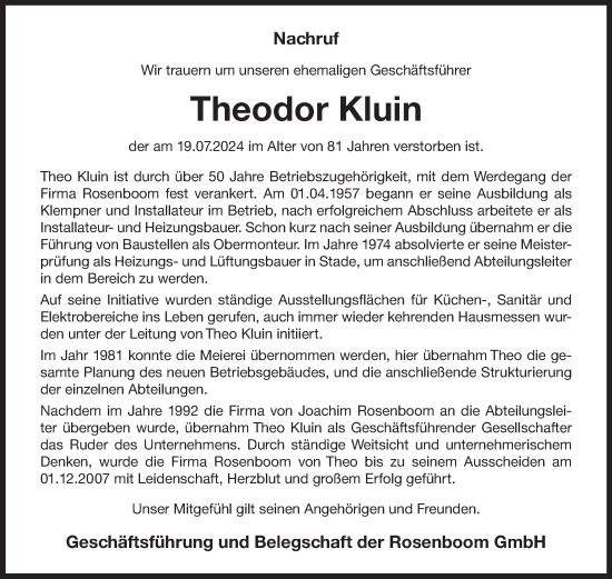 Traueranzeige von Theodor Kluin von Ostfriesischer Kurier GmbH