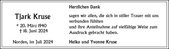 Traueranzeige von Tjark Kruse von Ostfriesischer Kurier GmbH
