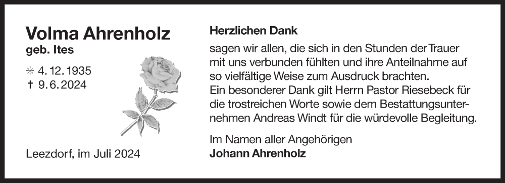  Traueranzeige für Volma Ahrenholz vom 20.07.2024 aus Ostfriesischer Kurier GmbH