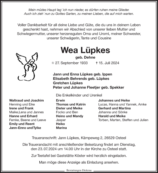 Traueranzeige von Wea Lüpkes von Ostfriesischer Kurier GmbH