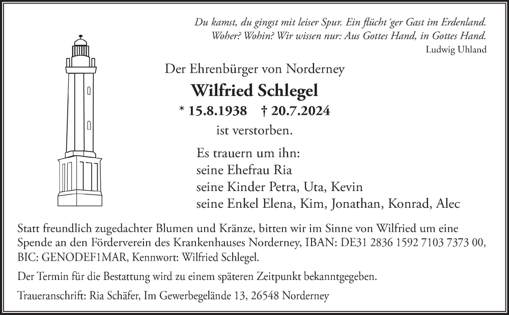  Traueranzeige für Wilfried Schlegel vom 23.07.2024 aus Ostfriesischer Kurier GmbH