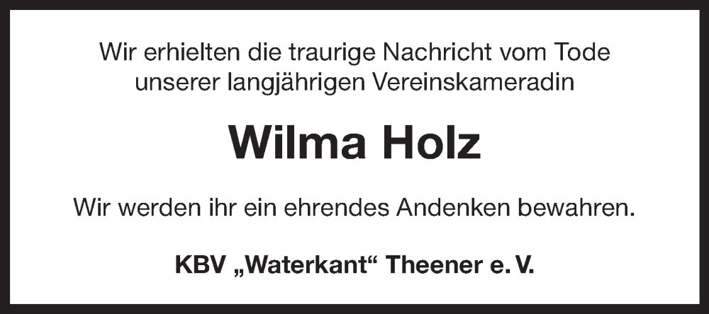  Traueranzeige für Wilma Holz vom 03.07.2024 aus Ostfriesischer Kurier GmbH