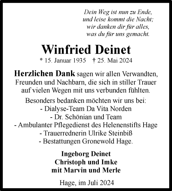 Traueranzeige von Winfried Deinet von Ostfriesischer Kurier GmbH