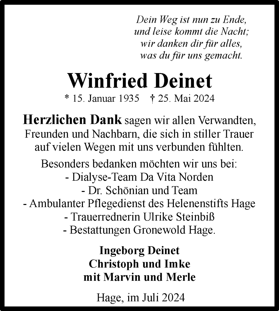  Traueranzeige für Winfried Deinet vom 20.07.2024 aus Ostfriesischer Kurier GmbH