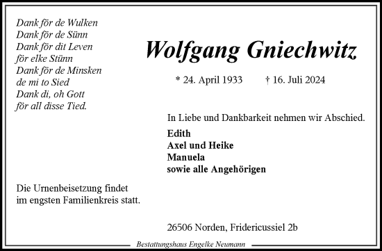 Traueranzeige von Wolfgang Gniechwitz von Ostfriesischer Kurier GmbH