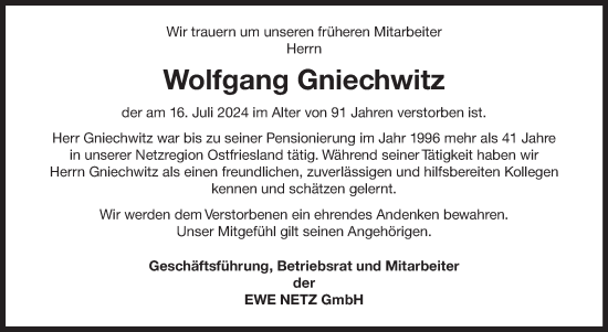 Traueranzeige von Wolfgang Gniechwitz von Ostfriesischer Kurier GmbH