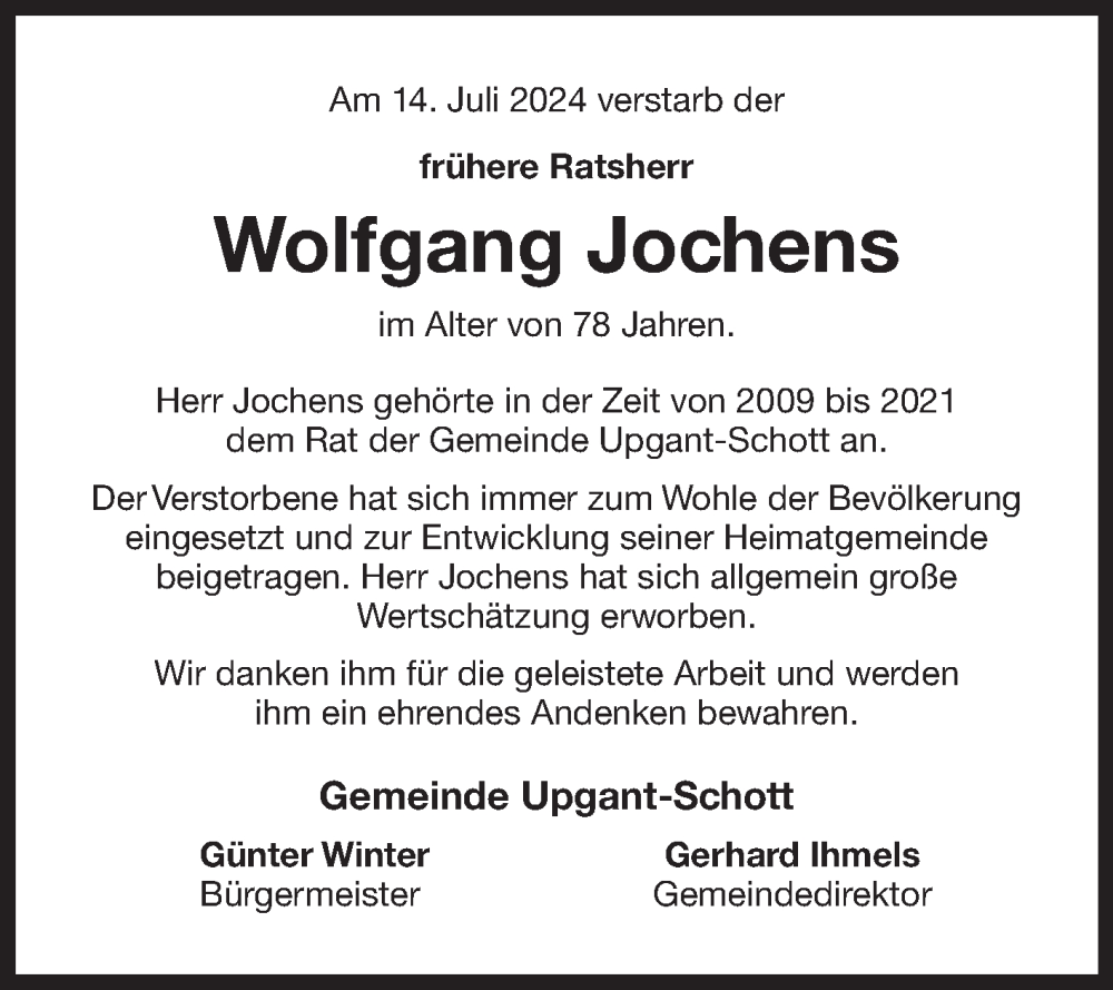  Traueranzeige für Wolfgang Jochens vom 23.07.2024 aus Ostfriesischer Kurier GmbH