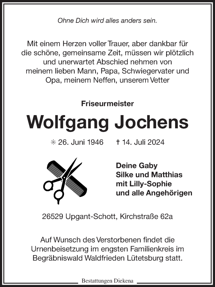  Traueranzeige für Wolfgang Jochens vom 20.07.2024 aus Ostfriesischer Kurier GmbH