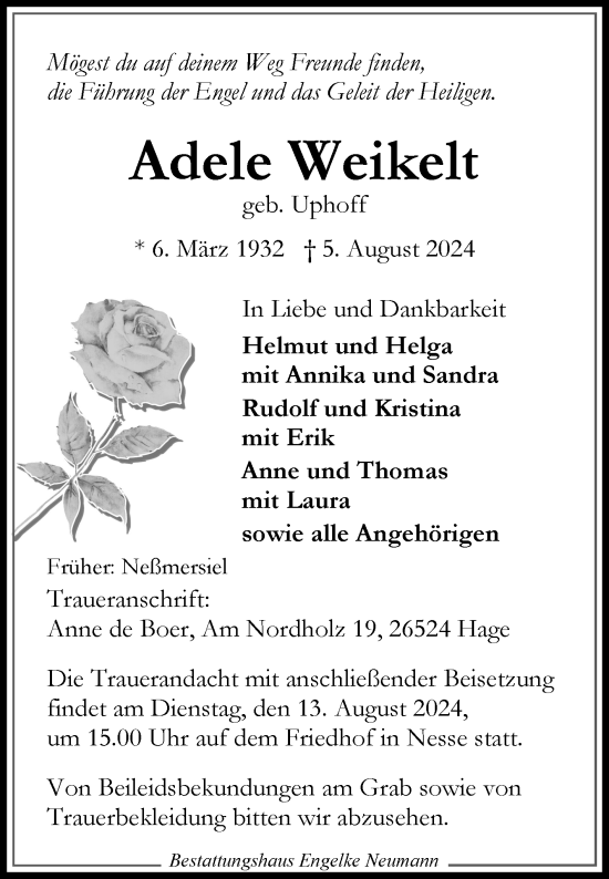 Traueranzeige von Adele Weikelt von Ostfriesischer Kurier GmbH