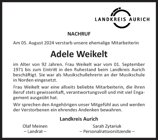 Traueranzeige von Adele Weikelt von Ostfriesischer Kurier GmbH