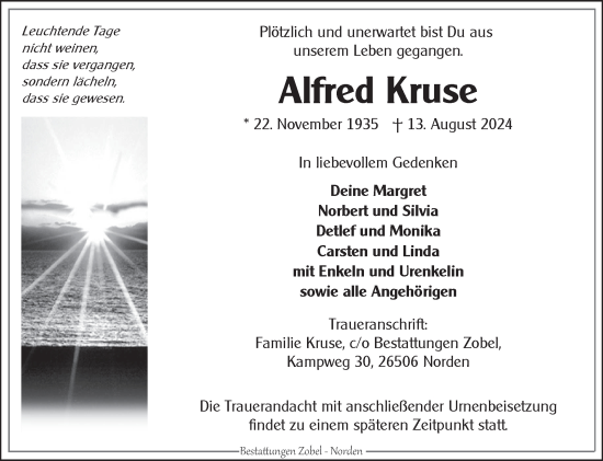 Traueranzeige von Alfred Kruse von Ostfriesischer Kurier GmbH
