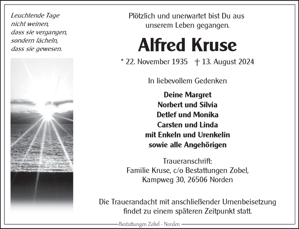  Traueranzeige für Alfred Kruse vom 17.08.2024 aus Ostfriesischer Kurier GmbH