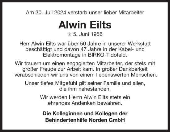 Traueranzeige von Alwin Eilts von Ostfriesischer Kurier GmbH