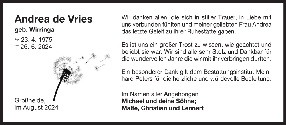  Traueranzeige für Andrea de Vries vom 10.08.2024 aus Ostfriesischer Kurier GmbH