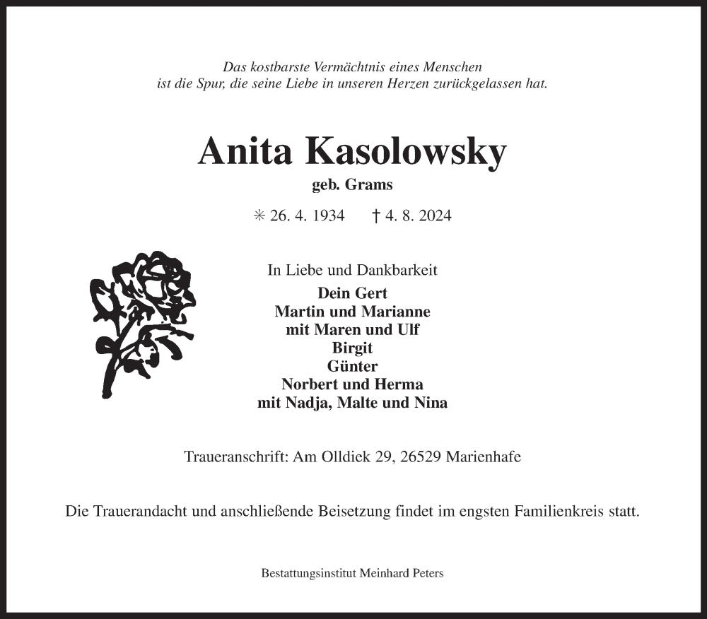  Traueranzeige für Anita Kasolowsky vom 09.08.2024 aus Ostfriesischer Kurier GmbH