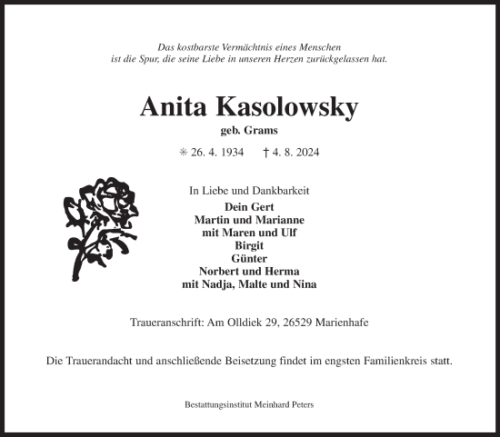 Traueranzeige von Anita Kasolowsky von Ostfriesischer Kurier GmbH