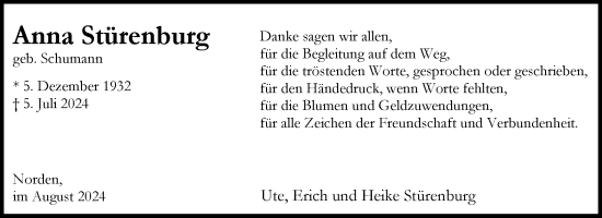 Traueranzeige von Anna Stürenburg von Ostfriesischer Kurier GmbH
