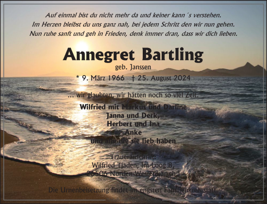 Traueranzeige von Annegret Bartling von Ostfriesischer Kurier GmbH