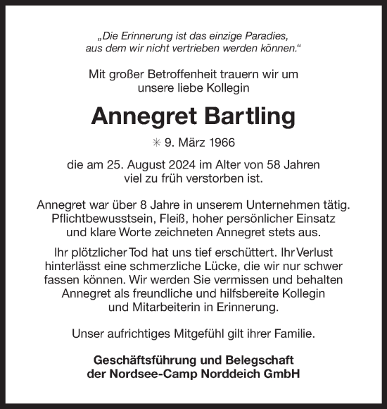 Traueranzeige von Annegret Bartling von Ostfriesischer Kurier GmbH