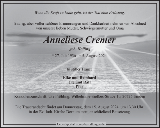 Traueranzeige von Anneliese Cremer von Ostfriesischer Kurier GmbH