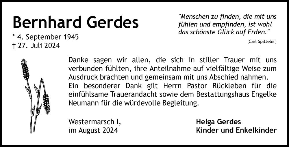  Traueranzeige für Bernhard Gerdes vom 31.08.2024 aus Ostfriesischer Kurier GmbH