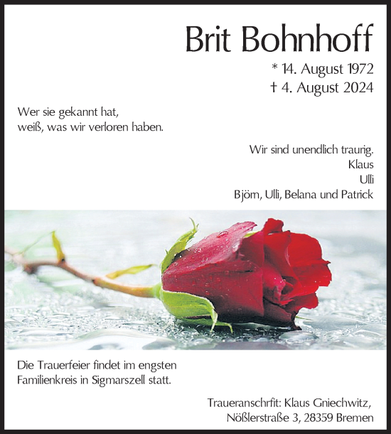 Traueranzeige von Brit Bohnhoff von Ostfriesischer Kurier GmbH
