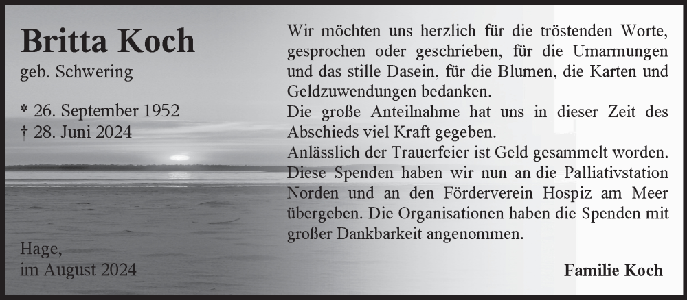  Traueranzeige für Britta Koch vom 10.08.2024 aus Ostfriesischer Kurier GmbH
