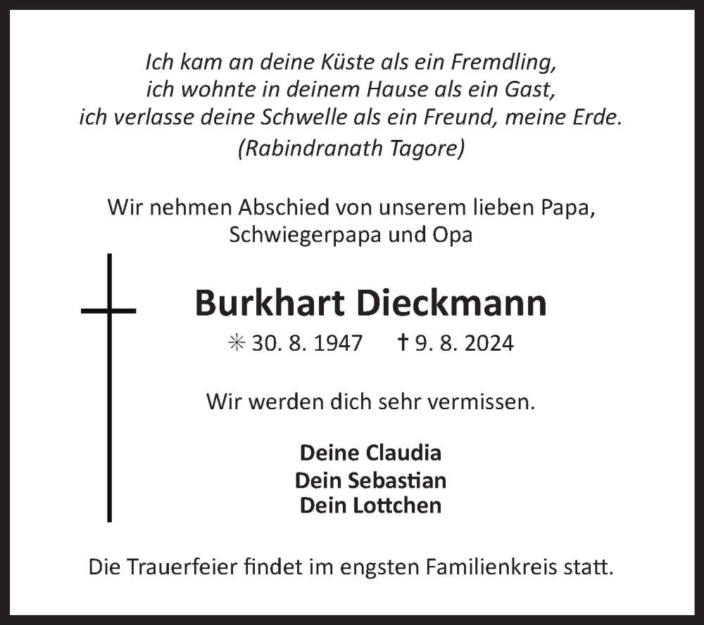  Traueranzeige für Burkhart Dieckmann vom 13.08.2024 aus Ostfriesischer Kurier GmbH