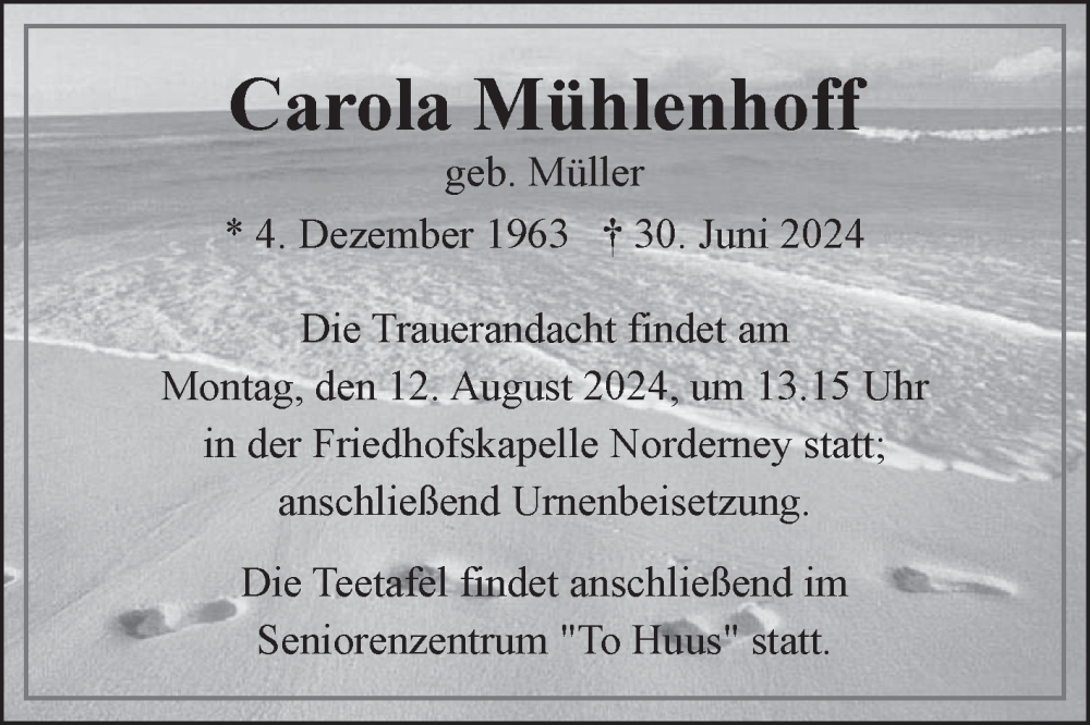  Traueranzeige für Carola Mühlenhoff vom 07.08.2024 aus Ostfriesischer Kurier GmbH