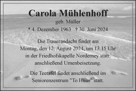 Traueranzeige von Carola Mühlenhoff von Ostfriesischer Kurier GmbH