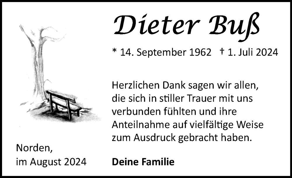  Traueranzeige für Dieter Buß vom 03.08.2024 aus Ostfriesischer Kurier GmbH