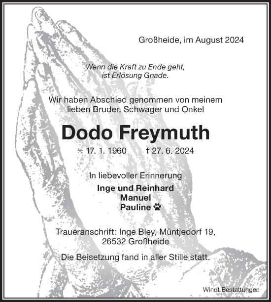 Traueranzeige von Dodo Freymuth von Ostfriesischer Kurier GmbH