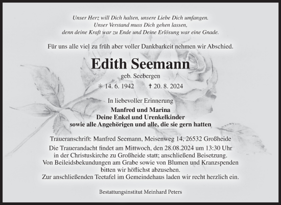 Traueranzeige von Edith Seemann von Ostfriesischer Kurier GmbH