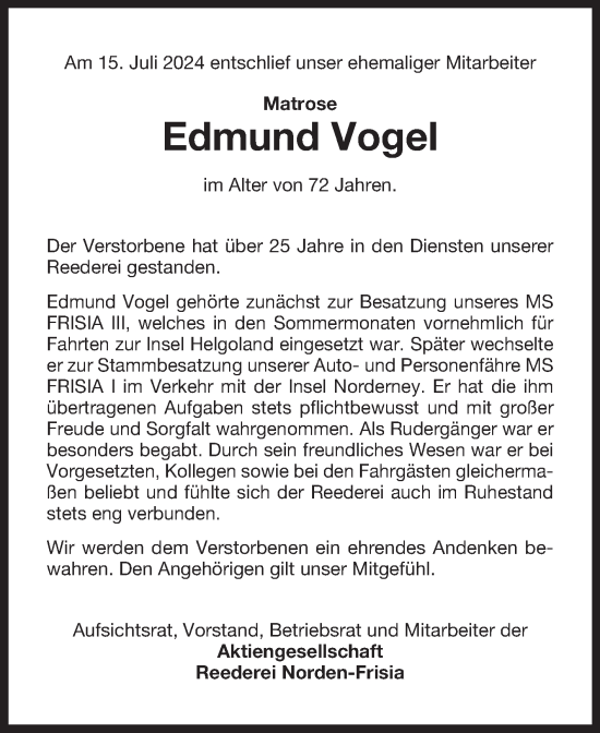 Traueranzeige von Edmund Vogel von Ostfriesischer Kurier GmbH