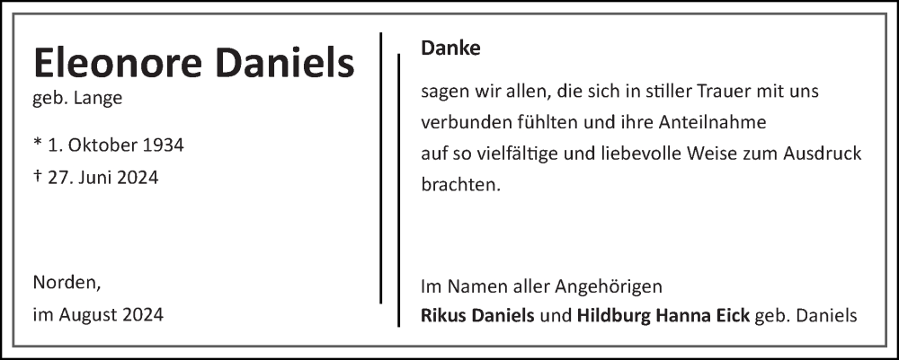  Traueranzeige für Eleonore Daniels vom 17.08.2024 aus Ostfriesischer Kurier GmbH