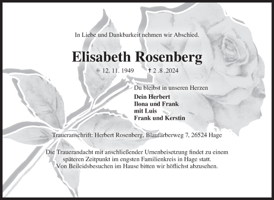 Traueranzeige von Elisabeth Rosenberg von Ostfriesischer Kurier GmbH