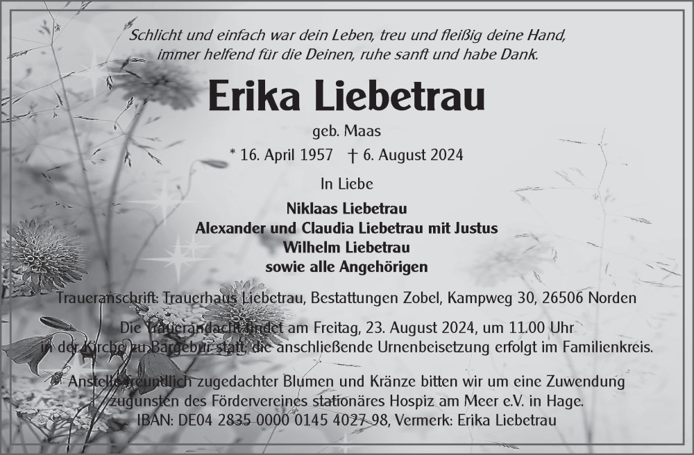  Traueranzeige für Erika Liebetrau vom 10.08.2024 aus Ostfriesischer Kurier GmbH