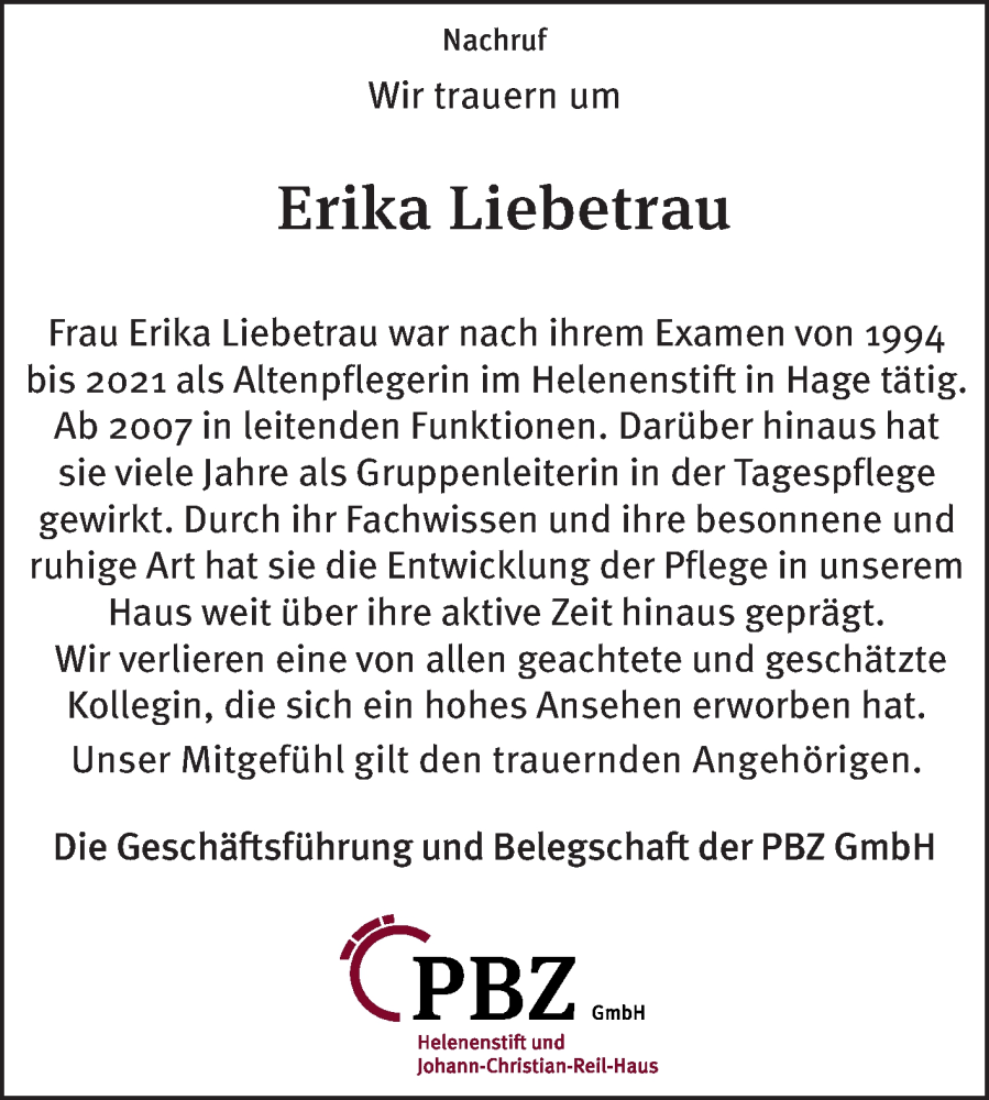  Traueranzeige für Erika Liebetrau vom 14.08.2024 aus Ostfriesischer Kurier GmbH