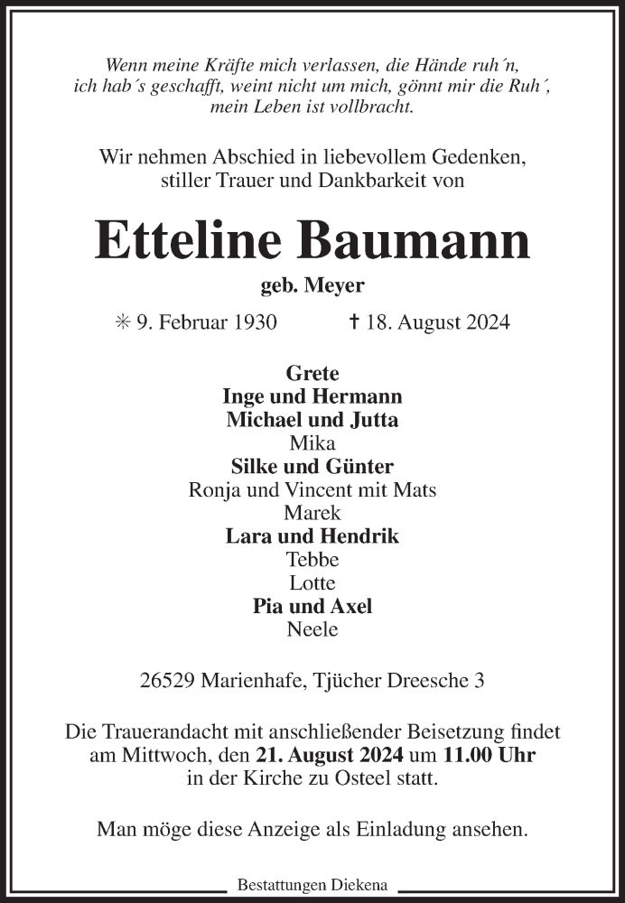  Traueranzeige für Etteline Baumann vom 20.08.2024 aus Ostfriesischer Kurier GmbH