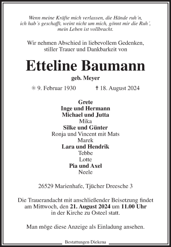 Traueranzeige von Etteline Baumann von Ostfriesischer Kurier GmbH