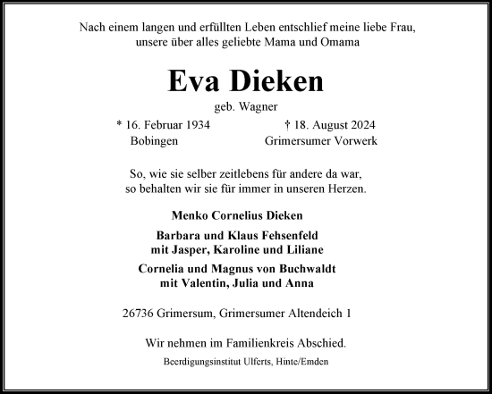 Traueranzeige von Eva Dieken von Ostfriesischer Kurier GmbH