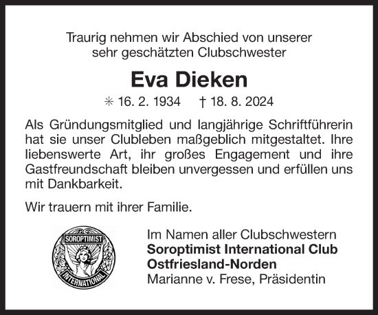 Traueranzeige von Eva Dieken von Ostfriesischer Kurier GmbH