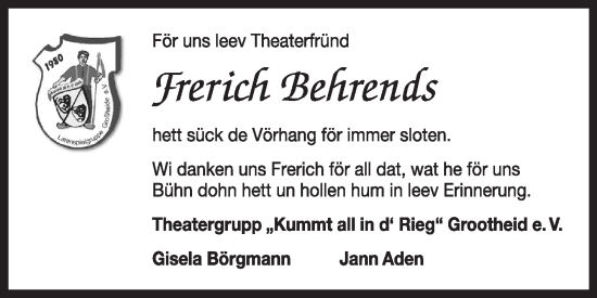 Traueranzeige von Frerich Behrends von Ostfriesischer Kurier GmbH