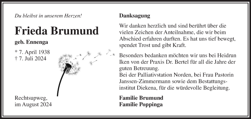  Traueranzeige für Frieda Brumund vom 10.08.2024 aus Ostfriesischer Kurier GmbH