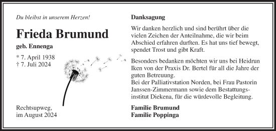 Traueranzeige von Frieda Brumund von Ostfriesischer Kurier GmbH