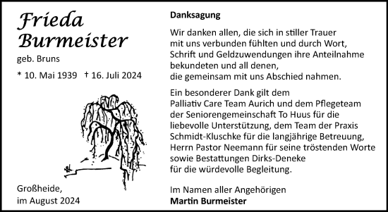 Traueranzeige von Frieda Burmeister von Ostfriesischer Kurier GmbH