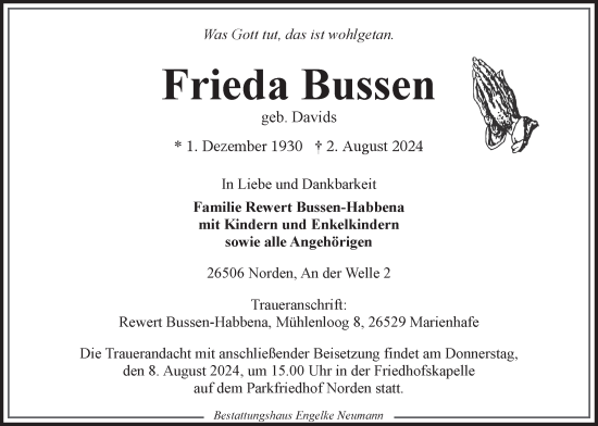 Traueranzeige von Frieda Bussen von Ostfriesischer Kurier GmbH