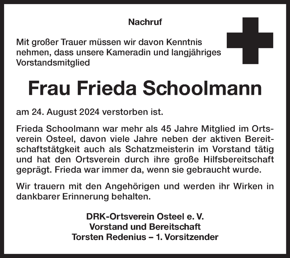  Traueranzeige für Frieda Schoolmann vom 29.08.2024 aus Ostfriesischer Kurier GmbH