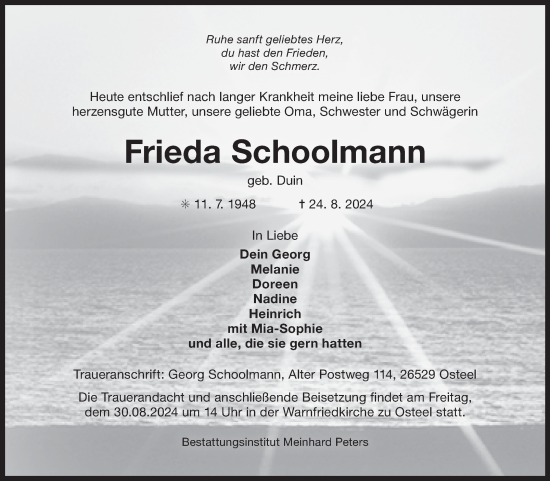 Traueranzeige von Frieda Schoolmann von Ostfriesischer Kurier GmbH