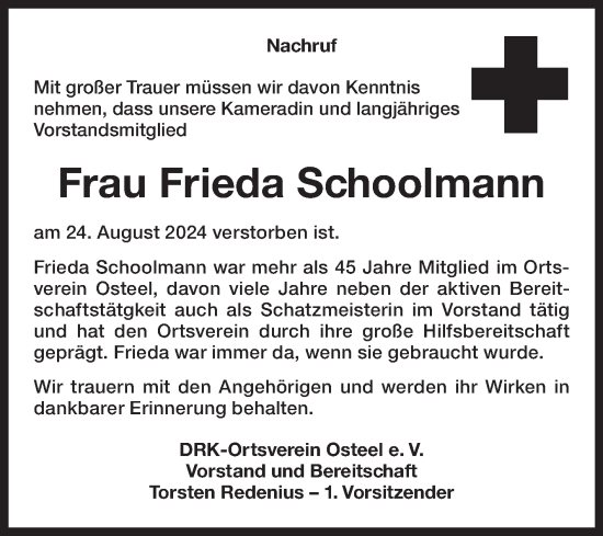 Traueranzeige von Frieda Schoolmann von Ostfriesischer Kurier GmbH